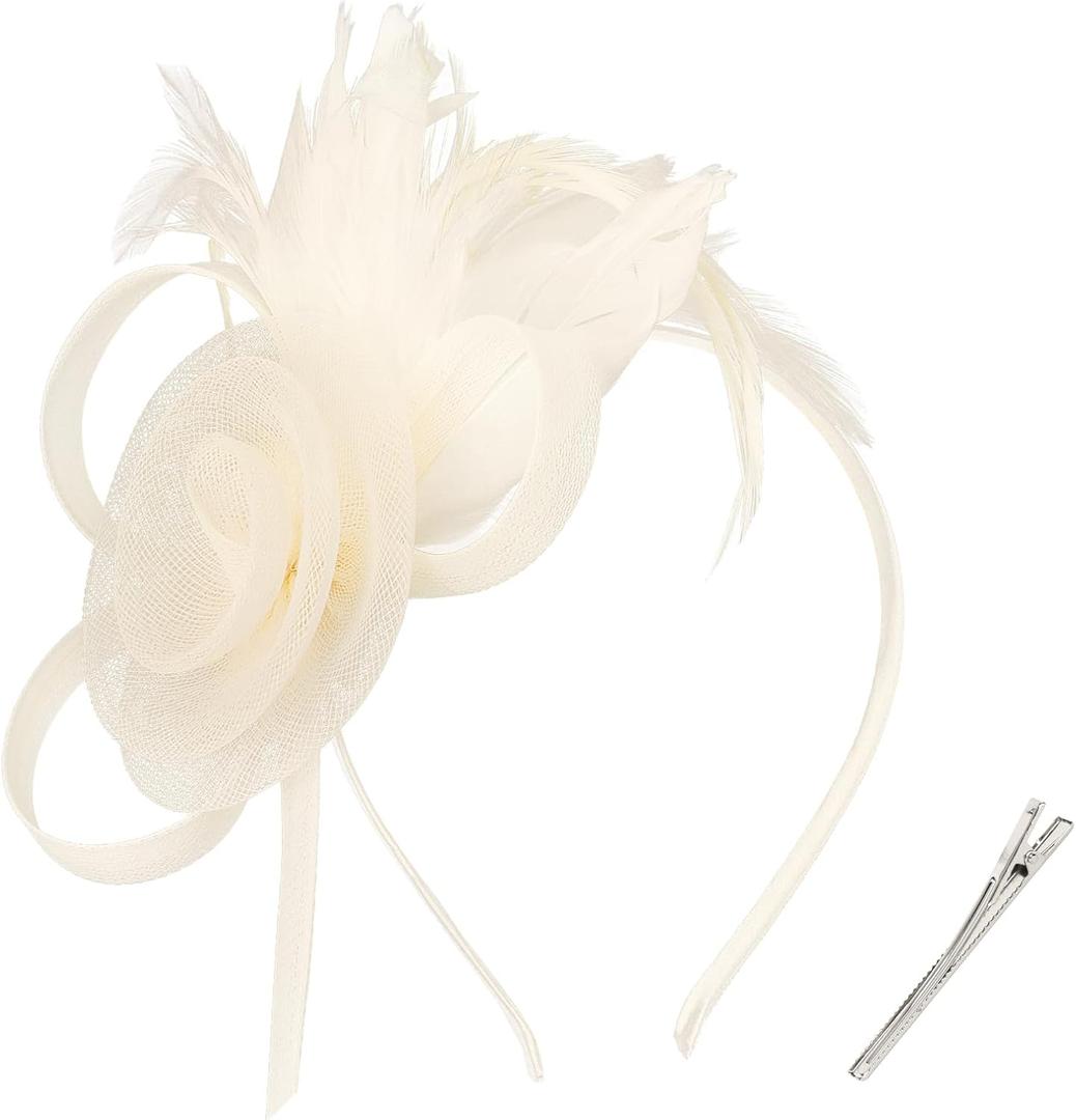 AMCAMI Fascinators Hats with Feather for Women 2026 Derby Hats Small Tea Party Hat with Headband (Beige)