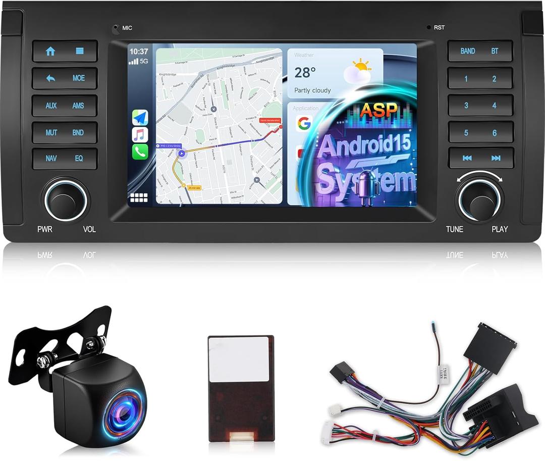 NHOPEEW Android 15 Radio for BMW 5 Series E39 1996-2003 with Wireless CarPlay&Android Auto, [2+64G] 7 inch IPS Touchscreen BMW Stereo - ASP, Custom Homepage, 5G/WiFi, GPS + Backup Camera + Canbus