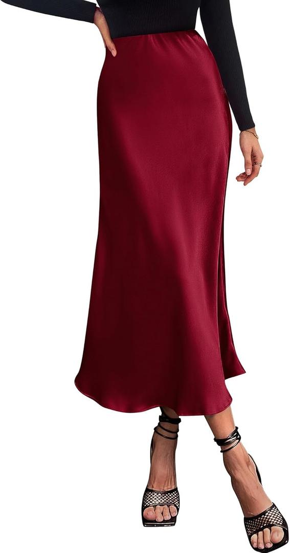 BTFBM 2025 Womens Summer Fall Long Satin Skirt Silk Elegant High Waist Cocktail Party Wedding Flowy A-Line Midi Skirts (Red, L)