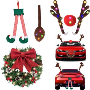 NEXAGEBIUS Christmas Car Decorations Kit with Light Up Reindeer Antlers for Cars Lighted Christmas Wreath Hanging Santa Nose Tail Leg Christmas Decors Exterior Car Accessories Universal (Color 1)