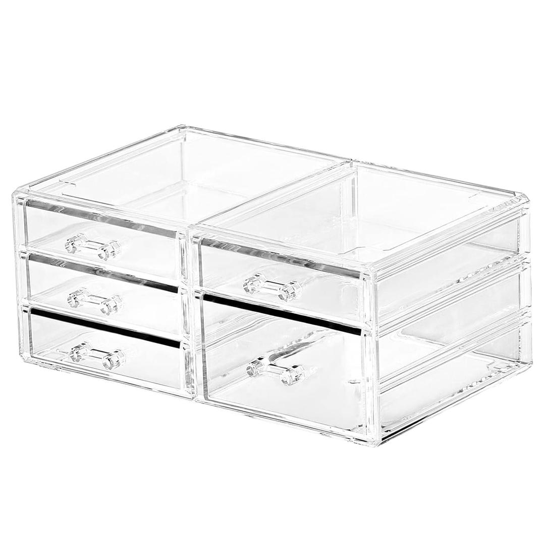 Office Desktop Storage Box,Rectangular Desktop Drawers,Plastic Makeup Storage,Containers Bins With Drawers Desk Organization Pull Out Small craft Storage Case Box Cube,Pack of 1 (Clear, 5 Drawers)