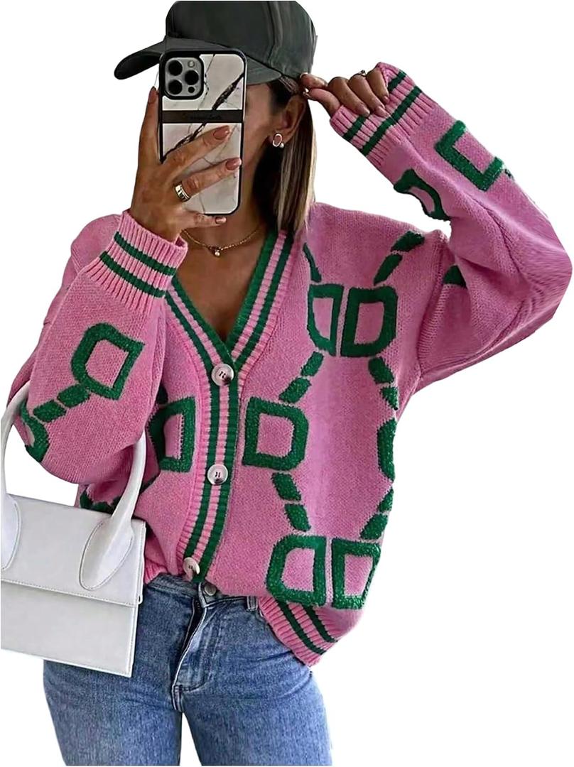 Milumia Women's Letter Print Button Up Knit Cardigan V Neck Long Sleeve Sweater Jackets Pink Medium