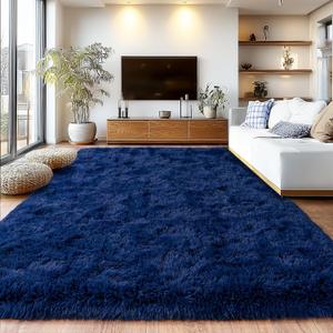 Shag Area Rugs for Living Room, Soft Fuzzy Plush Rugs, Upgrade Anti-Skid Modern Furry Rugs Fluffy Carpets for Kids Room Nursery Home Decor Dark Blue, 5X7 Feet