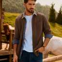 PJ PAUL JONES Men's Corduroy Button Down Shirt Long Sleeve Casual Collared Wrinkle Free Untucked Shirts with Pocket (Brown)