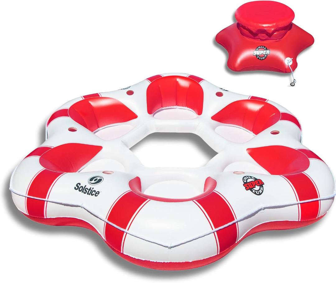 SOLSTICE Super Chill Inflatable River Raft Float Tube 6 Person with Cupholders, Cooler, Mesh Bottom, Backrest, Grab Handles Tie On Rope | for Rivers Lake Ocean Pool Floating Snow Heavy Duty Material