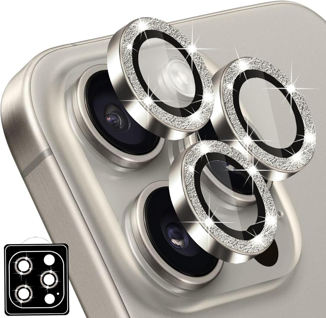 Designed for iPhone 16 Pro and 16 Pro Max Camera Lens Protector, Diamond Glitter Bling Sparkle Lens Cover 9H Tempered Glass Camera Cover Anti Scratch Shockproof Screen Protector for Women Girls (Natural Titanium Glitter)