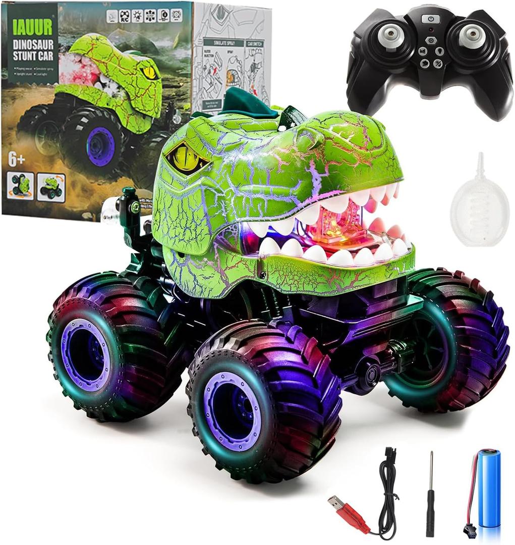 Dinosaur Remote Control Car, 360 Rotating RC Stunt Car Dinosaur Monster Truck Toys with Spray, Light & Sound,2.4GHz All Terrain Indoor/Outdoor Toys for Kids 3-12 Christmas & Birthday (Green)