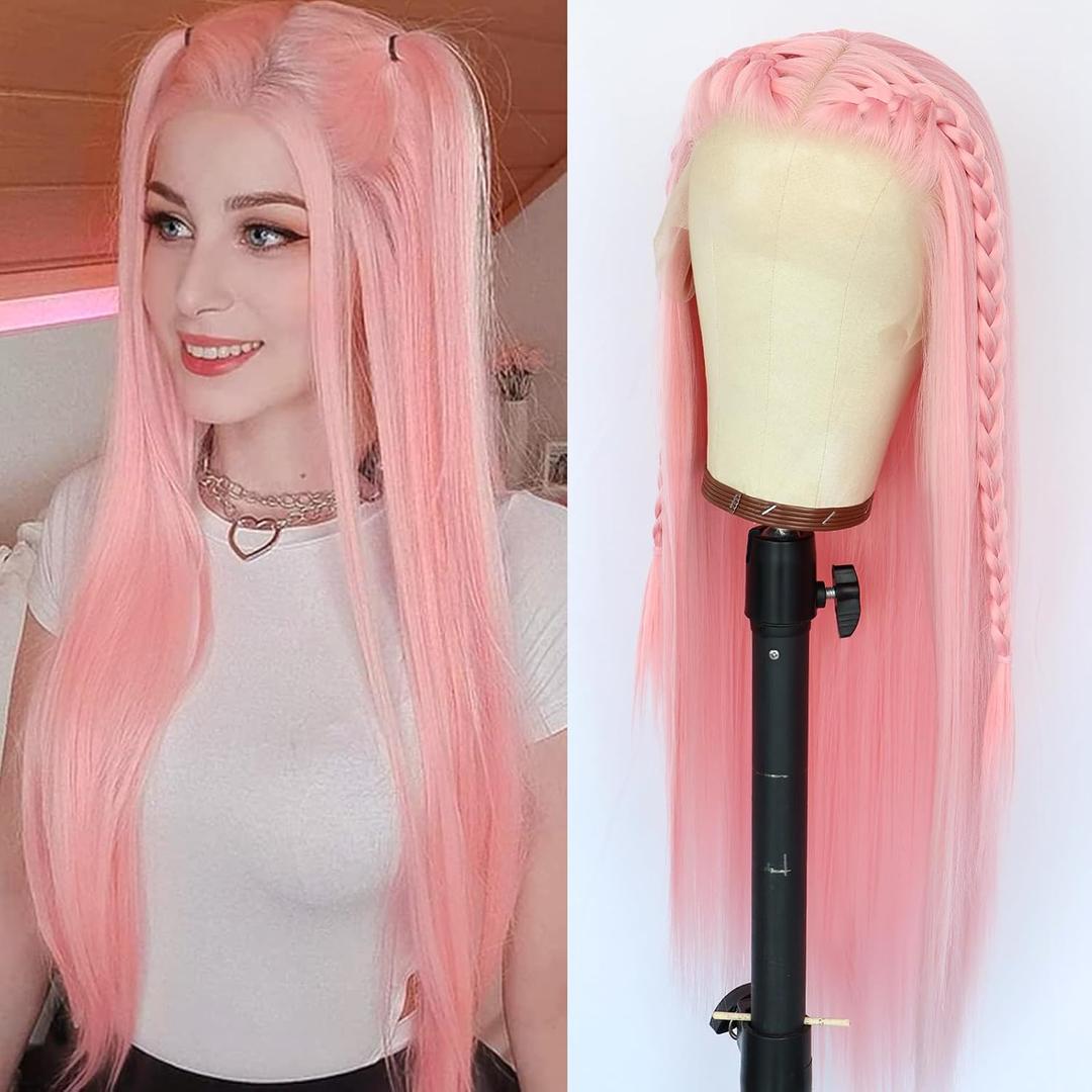 Light Pink Synthetic Lace Front Wigs Long Straight Hair Pink Lace Wigs Natural Hairline Pre Plucked Glueless Synthetic Lace Wigs Heat Resistant Fiber Hair Light Pink Wigs for Women Daily Wear