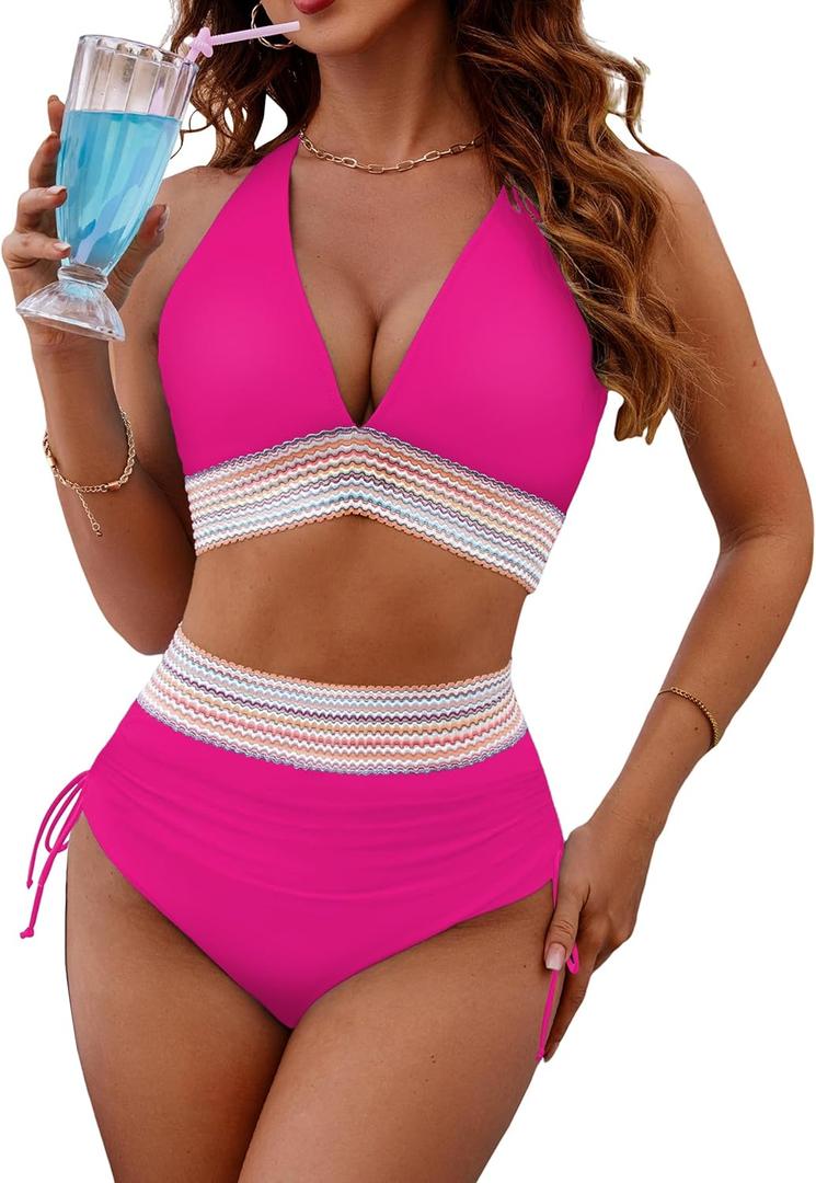 BMJL Womens High Waisted Bikini Sets Tummy Control Swimsuits Sexy V Neck Two Piece Bathing Suits 2024 (Large, Hot Pink12)