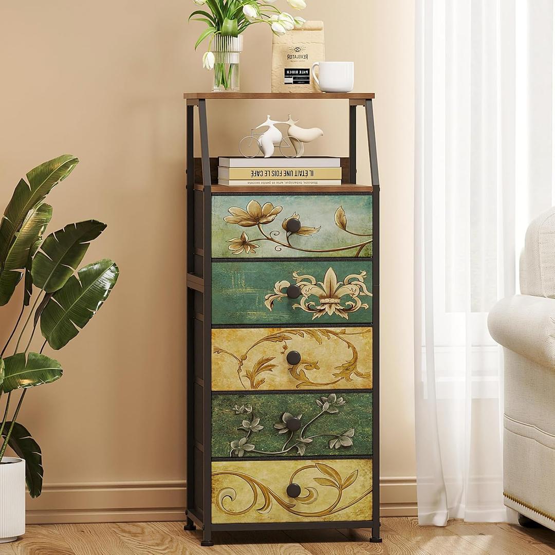 Tohomeor Nightstand with Fabric Drawers Dresser with 2 Tier Shelf Storage Tower for Bedroom Hallway Entryway Closet Organizer Sofa Beside Table Furniture (Multi, 5 Drawers)