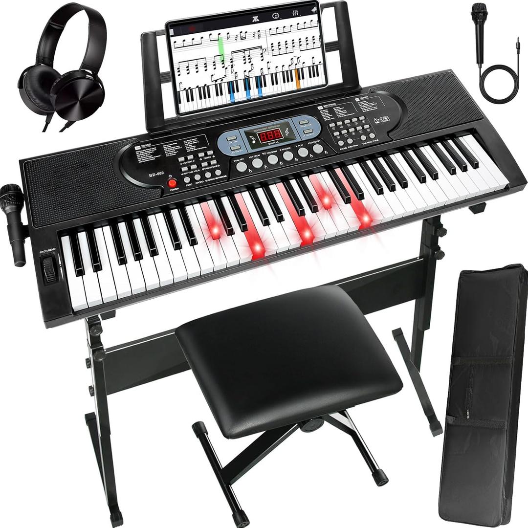 AQNIEGEP 61-Key Electric Keyboard Piano with Lighted Keys, Christmas Gifts, Premium Bundle: Stand, Bench, Mic,Headphones, Music Stand, Stickers, 70 Demos 200 Tones/Rhythms, Beginners/Adults, Compact