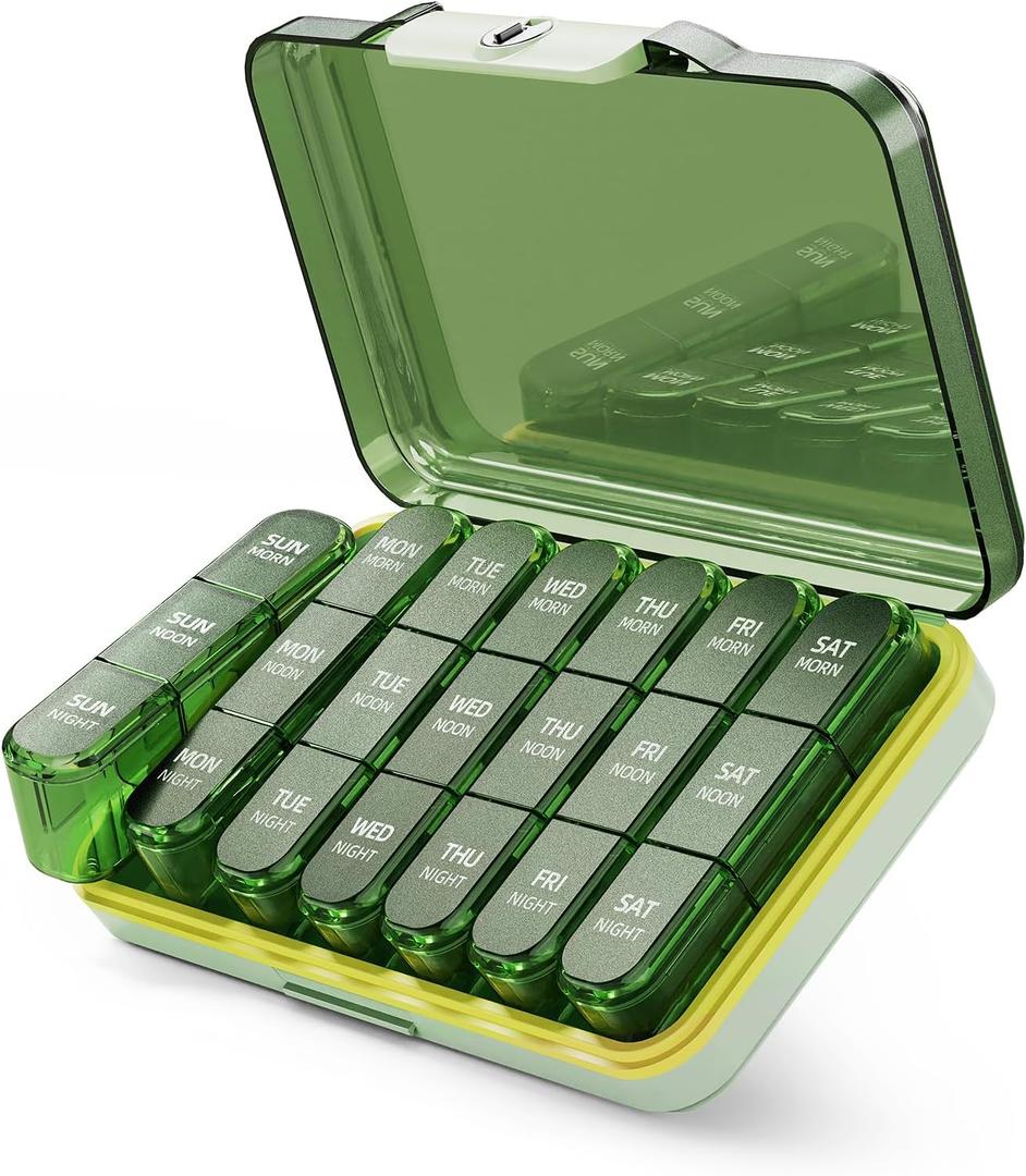 Weekly Pill Organizer 3X a Day, Detachable 7 Day Pill Box 3 Times a Day with Moisture-Proof Design, Portable Light-Proof Daily Pill Case for Pills,Vitamin,Fish Oil and Supplements(Green)