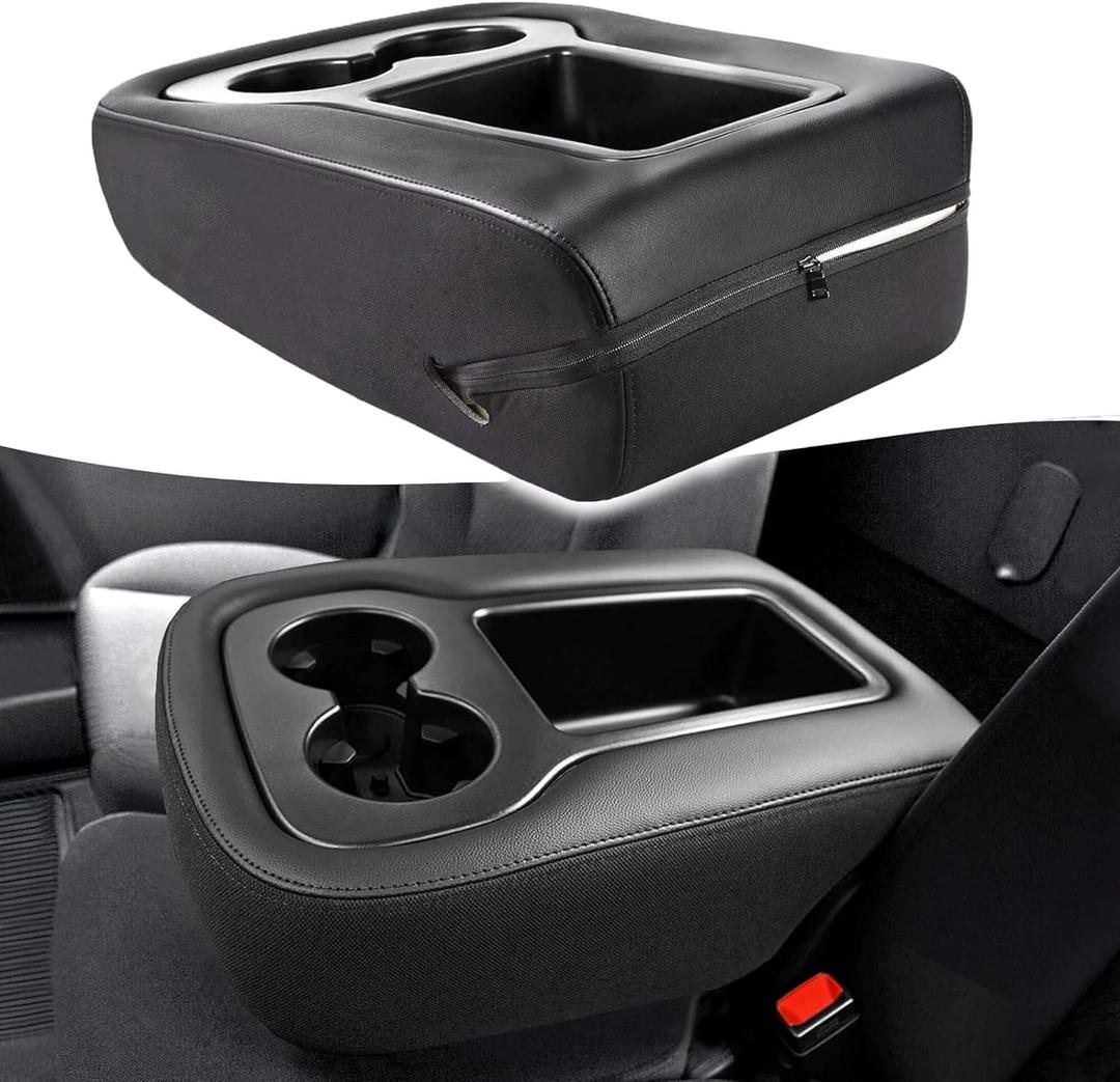 KBH Center Console Armrest Cover for Chevy Silverado & Tahoe & Suburban, GMC Sierra & Yukon 1500 2500 3500 2007-2014, Jump Seat Console, Leather + Cloth Blend Trim, Zipper Closure, Black
