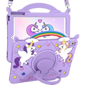 for iPad 5th/6th Gen, Air1/ Air2, Pro 9.7 Inch Case - Cute Girls Kawaii Cover Girly Cartoon Teen with Stand&Strap Purple Soft Silicone Cases for iPad 6/5 Generation, Air 1st/2nd, Pro 9.7 Cases