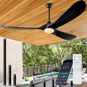 Outdoor Ceiling Fans with Lights-Glass Lamp, 60 inch Damp Rated Wood Propeller Blades for Patios & Porch, Smart APP and Remote Control, 3 Blades Dimmable LED Ceiling Fans, High CFM 6 Speed-Black