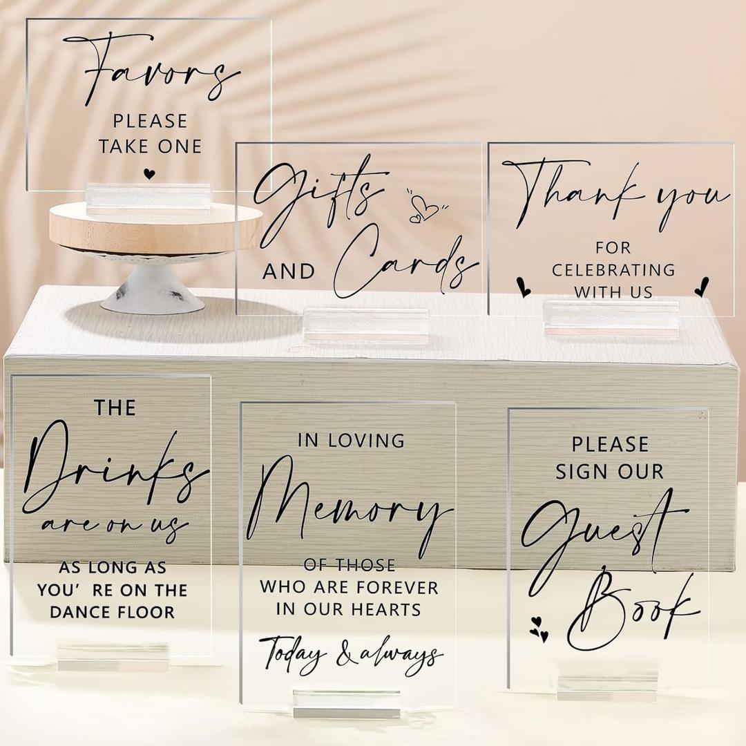 Weysat 6 Pcs Clear Acrylic Wedding Signs for Reception and Ceremony 5'' x 7'' Wedding Signage with Stand in Loving Memory Table Decorations Cards and Gifts Guestbook Reserved Table Sign(Classic Style)