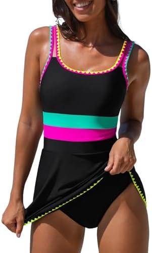 Popvil Women One Piece Swimsuit 2026 Tummy Control Bathing Suit Neon Modest Swim Dress with Skirt Full Coverage, L