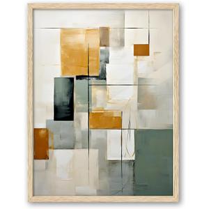 iHery Natural OAK Wood Abstract Geometric Framed Wall Art, Large 16x20 in Emerald Green Earth Tones and Ocher Canvas Wall Art, Modern Beige Minimalist Bedroom Wall Decor Living Room Bathroom 1Pack (20L" x 16W")