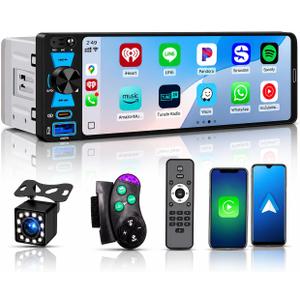 Single Din Car Stereo, 6.5 Inch in-Cell Touch Screen, Wireless Apple CarPlay Android Auto, Bluetooth 5.2, 180W Amplifier, Car Radio, Dual USB + Type-C, Backup Camera, Universal Fit for One Din Cars
