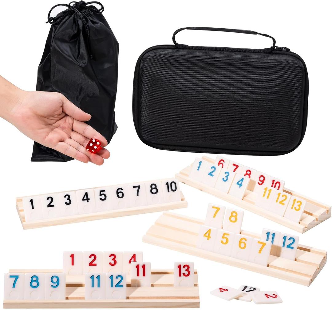 Rummy Cube Game Set, 106 Rummy Tiles with 4 Wooden Racks/Trays, Portable Carrying Case, Classic Family Board Game for Travel and Fun Gatherings