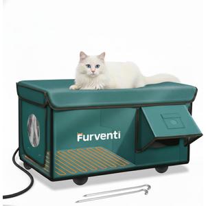 Heated Cat House for Outside with Dual Doors, Insulated Cat House Outdoor with Heating Pad, Weatherproof Heated Outdoor Cats Houses Weatherproof for Feral Cats (Deep Green, 25.5" L x 16" W x 13" H)