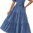 MASCOMODA Womens Summer Dresses 2025 Short Sleeve Maxi Dress Casual V Neck Button Down Tiered A Line Flowy Midi Shirt Dress(Blue, Small)