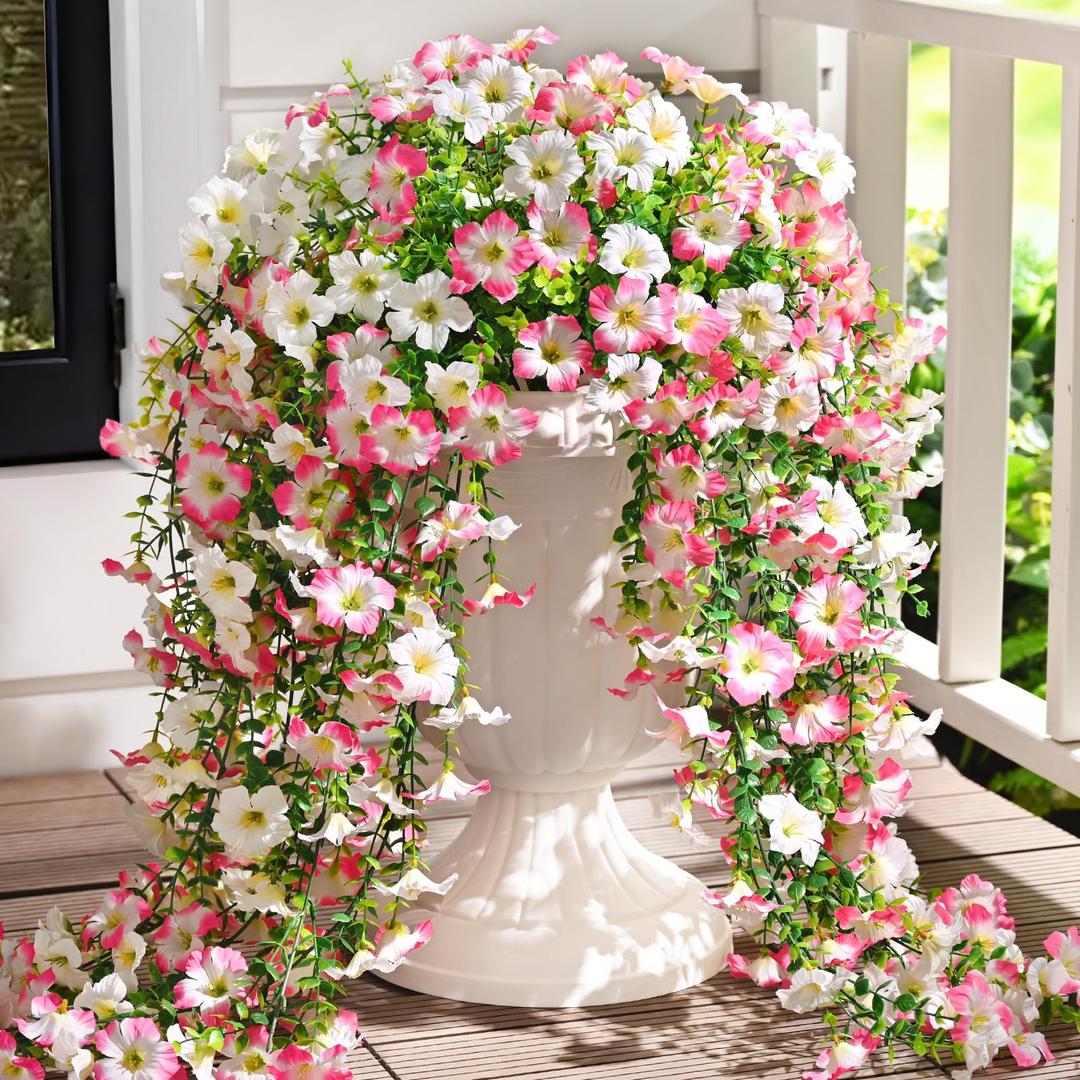 4 x Waipfaru Artificial Petunias Flowers for Outdoors, 4 Pcs UV Resistant Fake Hanging Plants Spring Outside Decor, Faux Silk Flowers Long Trailing Vines for Outdoor Planters Porch Garden