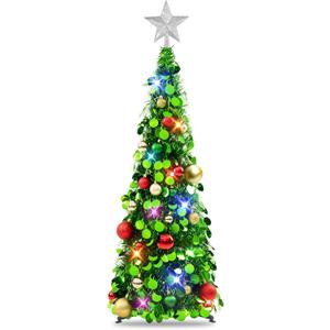 N&T NIETING Pop Up Christmas Tree with Lights, Collapsible Tinsel Xmas Tree Decorations, Pencil Christmas Tree Skinny Tree for Holiday Xmas Home Office Decor, 25 Balls, 3Ft, Green