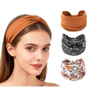 XEF Headbands for Women Bohemian Wide Floral Thick Hair Band No Slip Gym Elastic Twist Knot Athletic Headband Sweatbands Fashion Hair Accessories for Teen Girls (Fblack&Byellow&Brown)