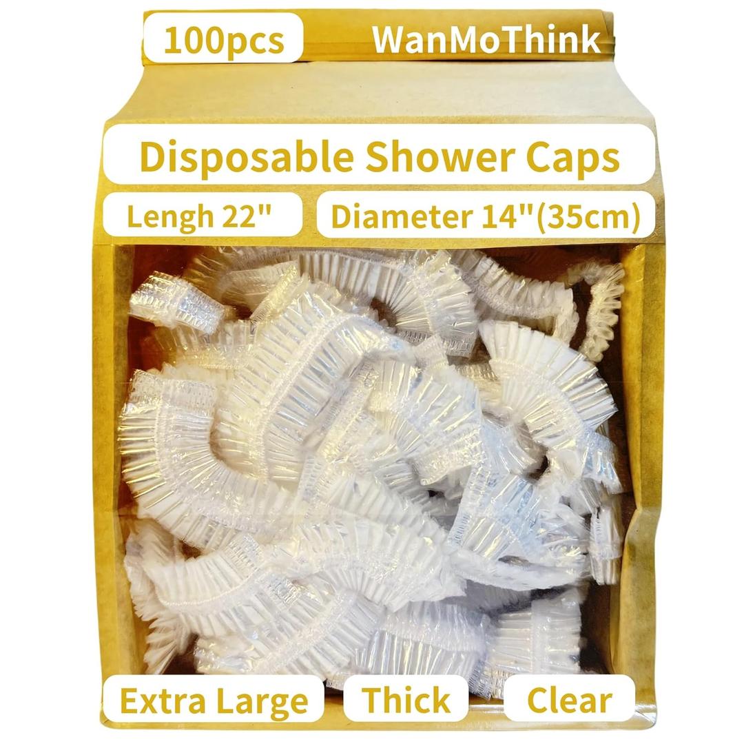 100PCS Disposable Shower Caps - Large Thick Clear Plastic Shower Cap for Women Reusable Waterproof and Men, Hair Cap for Deep Conditioning, Hotel Travel Essentials (22 inch)
