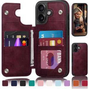 DJDUCK Designed for iPhone 16 Plus Case Wallet with Card Holder, [Magnetic Clasp Cover] [RFID Blocking Leather Protection] Shockproof Women Men Cases 6.7 Inch for Apple 16 Plus Wine Red