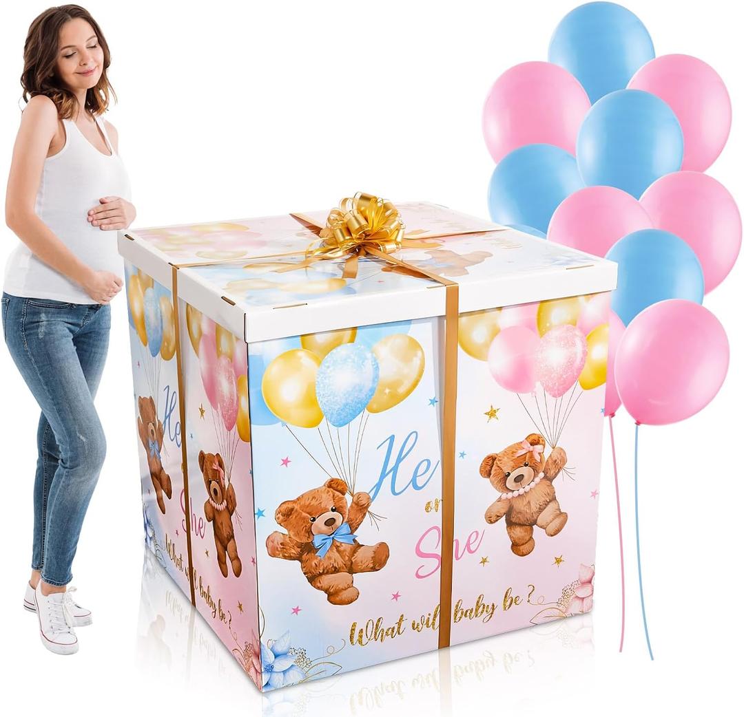 28 Inches Extra Large Gender Reveal Gift Box Kit with Oversized Printing Box Giant Pull Bows Balloon Ribbon for Gender Reveal Baby Shower Birthday Party Decor Supplies Not for Heavy-Duty(Boho Bear), 12 inches