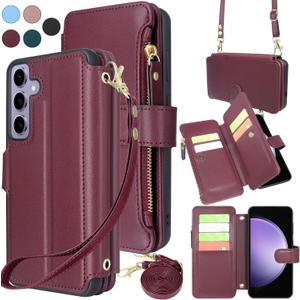 Harryshell Crossbody for Samsung Galaxy S23 FE 5G Case Wallet [8 Card Slots] with [Theft-Scan Blocking],Cash Coin Zipper Pocket Long Shoulder & Wrist Strap for S23Fe (Wine Red)