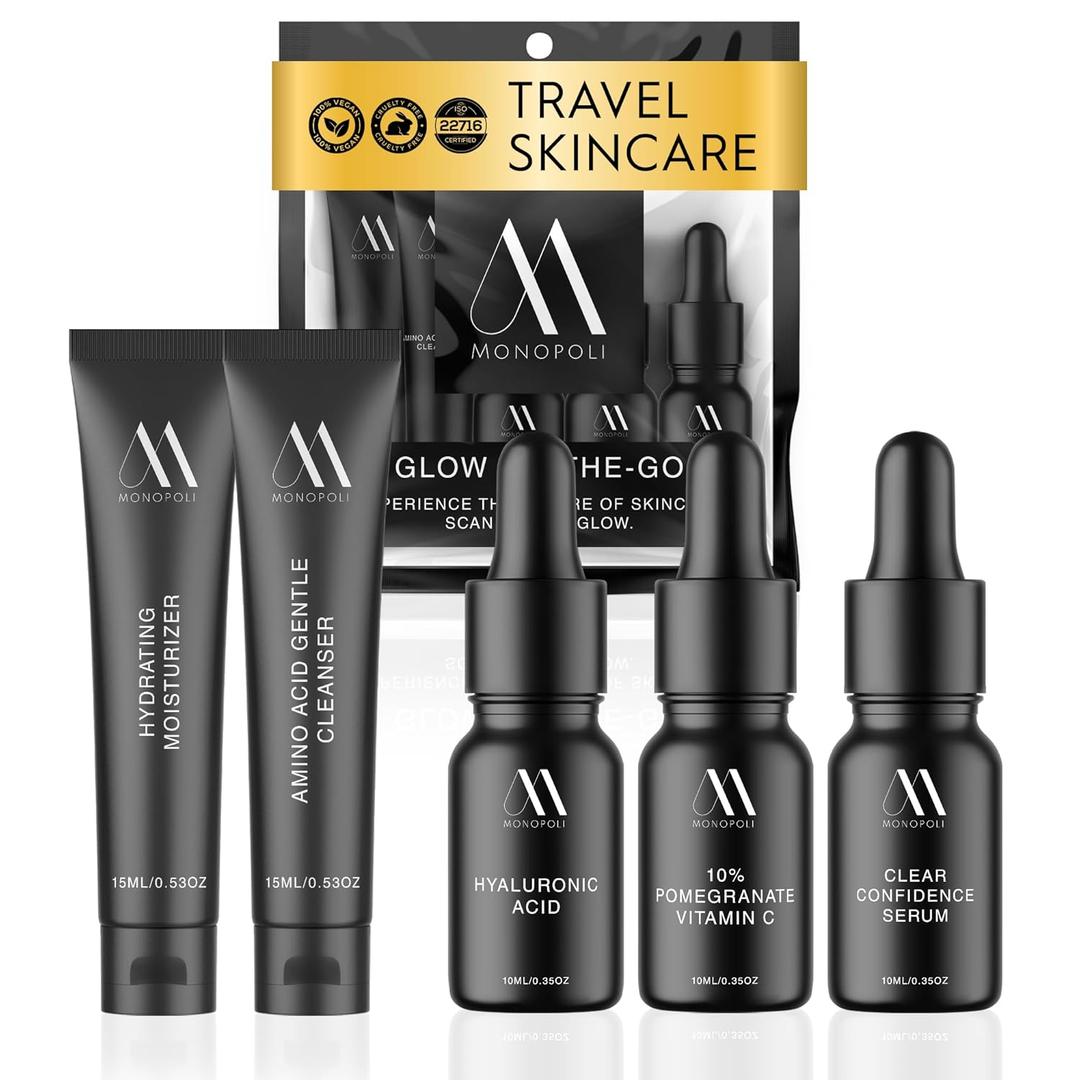 Monopoli Skin Travel Skincare Set | Airplane-Friendly Sizes | Complete Facial Skin Care Kit with BHA Serum, Vitamin C, Moisturizer & Cleanser | Perfect Travel Essentials & Gift Set for Women & Teens