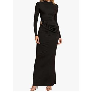 Women's Long Sleeve Ruched Bodycon Maxi Dress Fall Winter Formal Elegant Cocktail Party Dresses, L, Black
