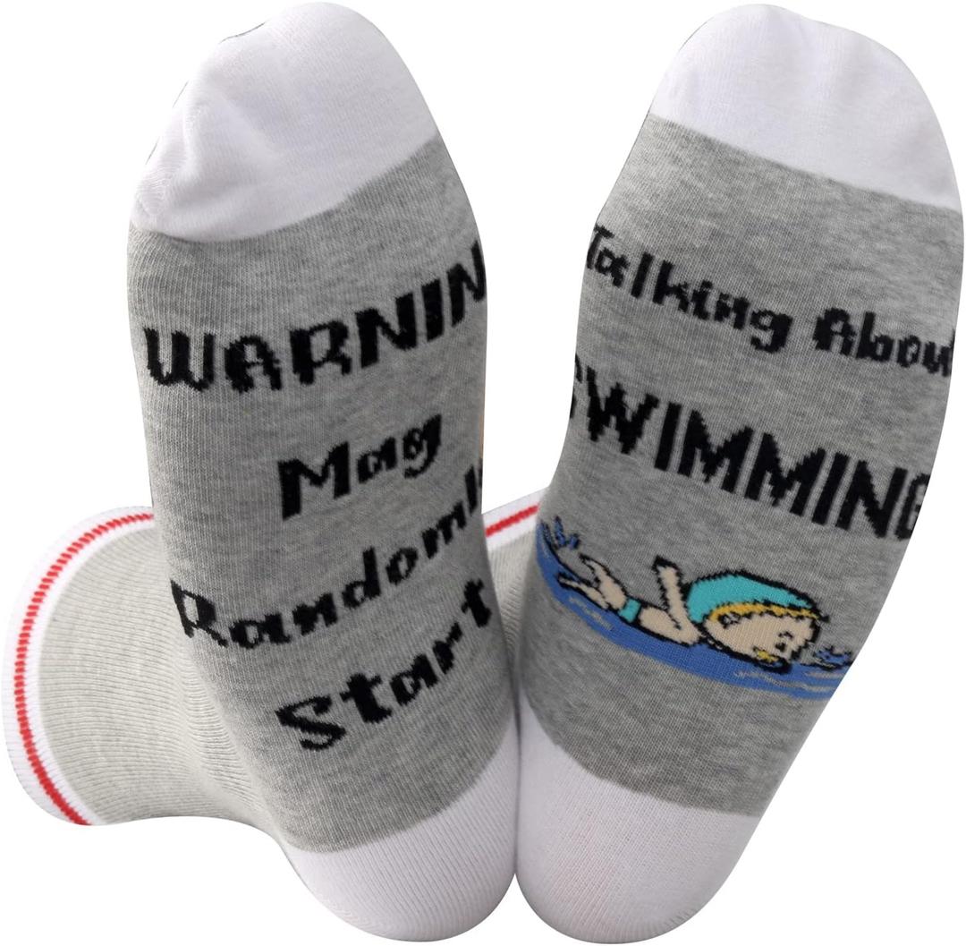 GJTIM 2 Pairs Swimming Lover Gift Warning May Randomly Start Talking About Swimming Funny Socks For Swimmer (Talking About Swimming)