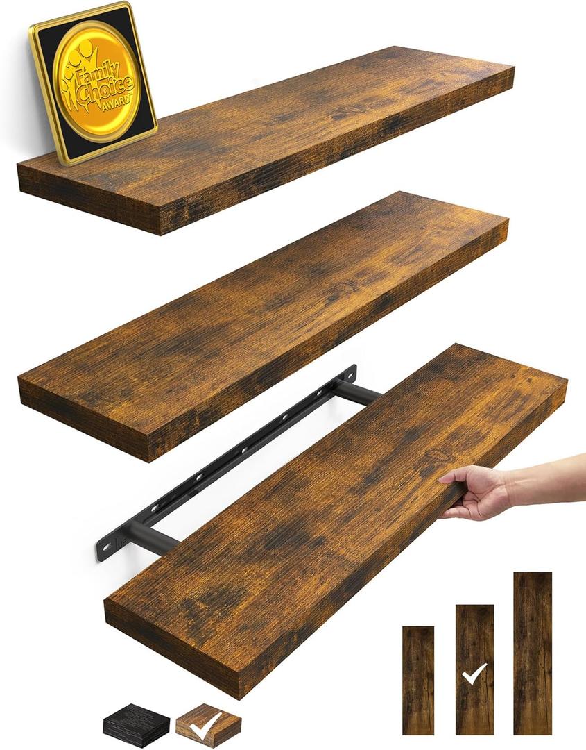 BAYKA Floating Shelves for Wall, 22.5 inches Wall Mounted Rustic Wood Shelves for Bathroom, Bedroom, Living Room, Floating Shelves for Books/Storage/Decor(Rustic Brown,Set of 3)