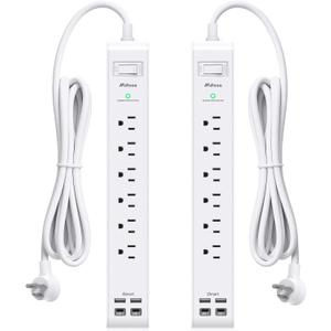 2 Pack Power Strip, 12FT Long Extension Cord, Surge Protector with 6 Outlets and 4 USB Ports (2 USB C), Flat Plug Overload Protection, Extension Cord 10+ ft, Wall Mount for Home Office Dorm College