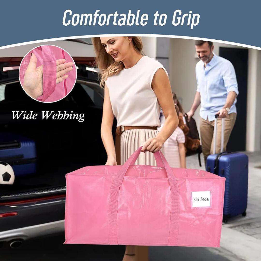 1 Pack Extra Heavy Duty Large Moving Bag with Strong Zipper & Comfortable Handles, Sturdy & Durable Clothes Storage Bags Totes Bins, Packing Moving Boxes for College Supplies, Pink