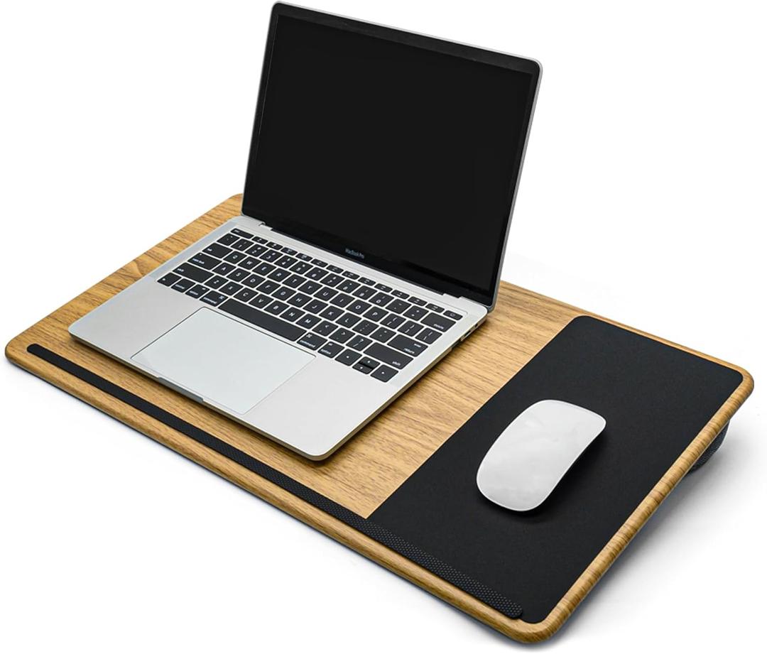 Portable Engineered Wood Lap Desk with Soft Cushion for Home Office, Lap Holder with Wrist Rest, Bed Tray Laptop Stand with Pillow, Fits up to 17 inch Laptop (Large-Wood Pattern)