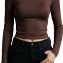 Women Basic Long Sleeve Round Neck Shirt Skinny Fit Stretchy Casual Tee Soft Comfy Essential Shirt (Brown, L)
