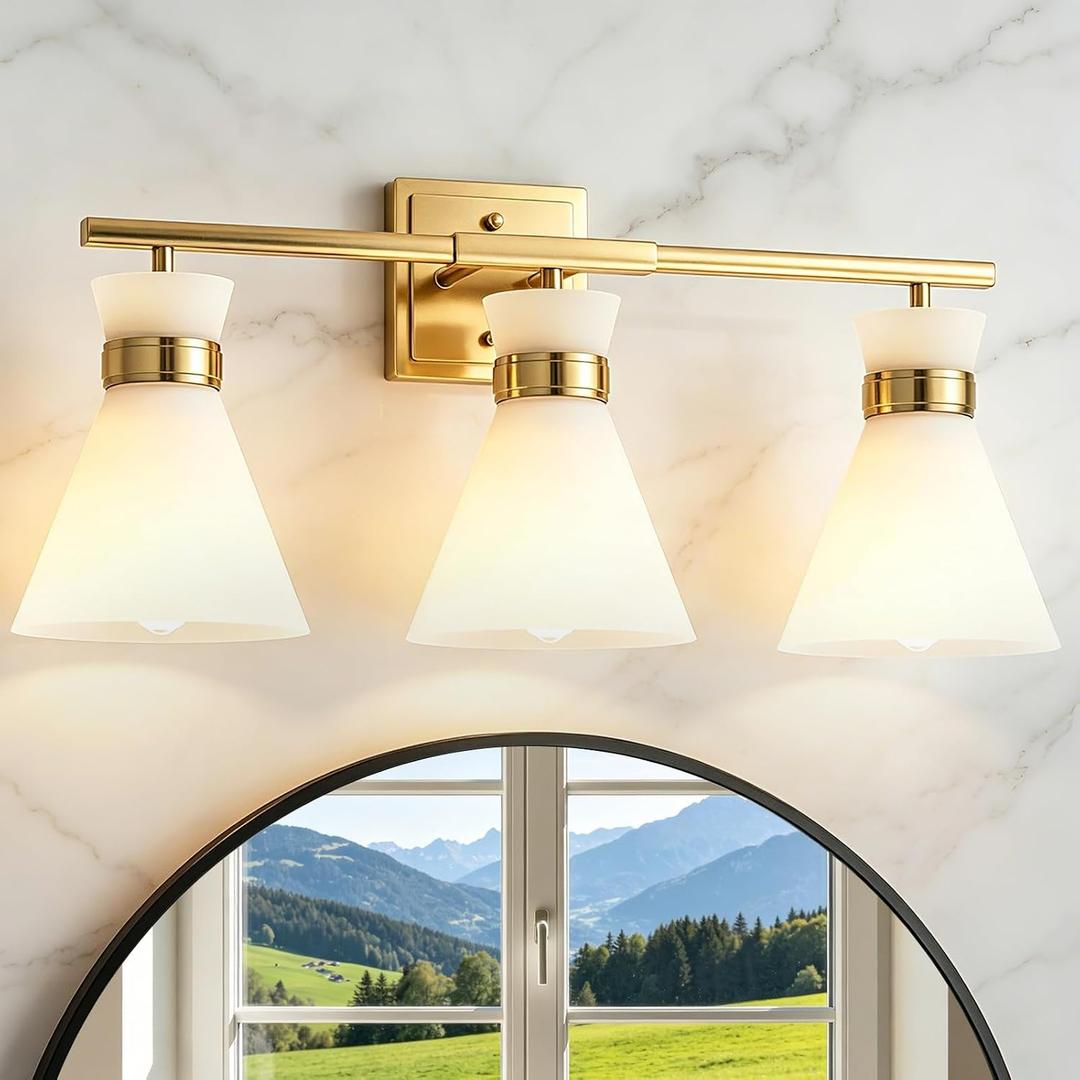 Brushed Gold Bathroom Vanity Lights, 3-Light Bathroom Light fixtures Over Mirror, Modern Vanity Lighting Fixtures with Frosted Glass Shades E26 Base,Wall Mount Scones for Mirror (Bulbs Not Included)
