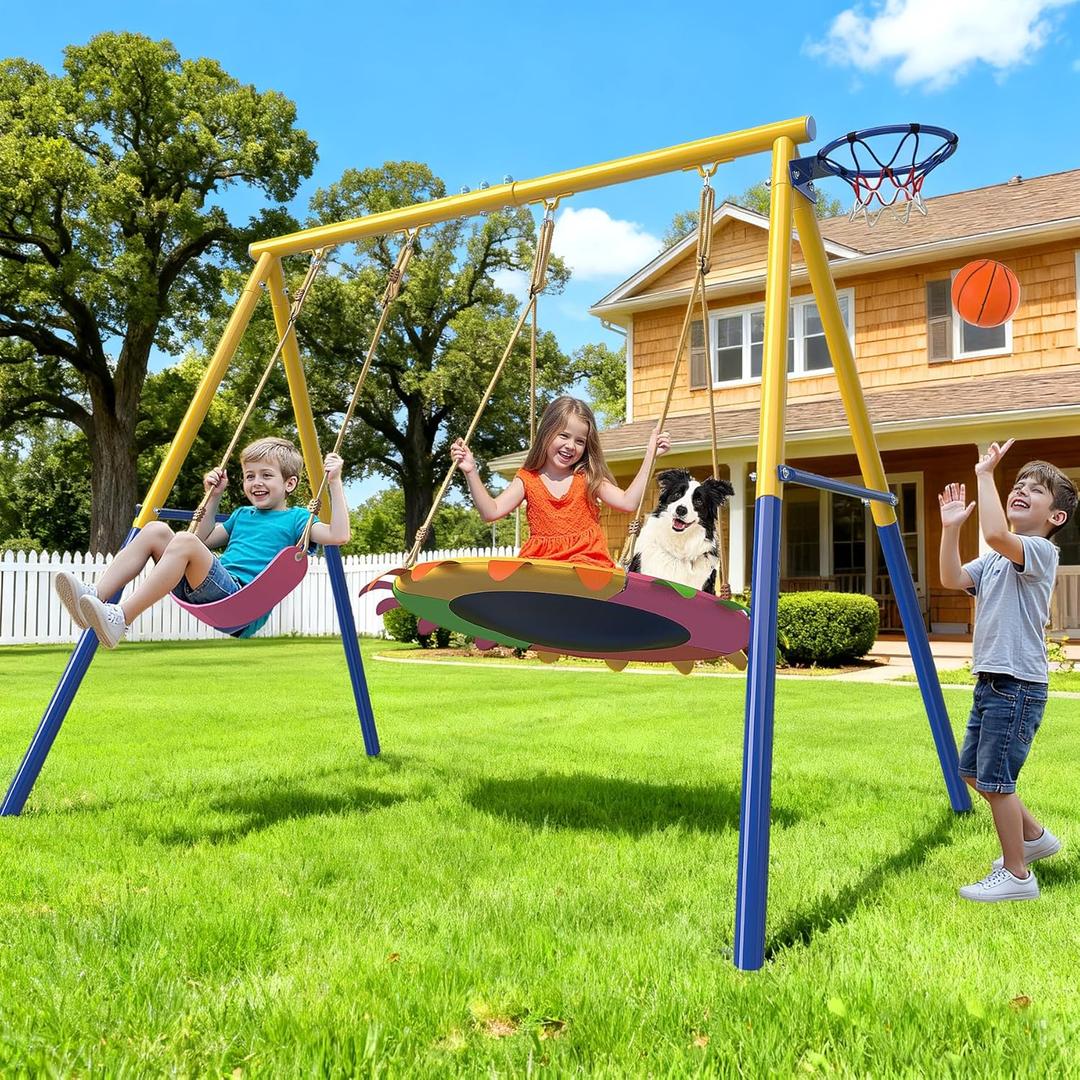 440lbs Capacity Swing Sets for Backyard, 40 Inch Saucer Swing, A-Frame Metal, Belt Swing and Basketball Hoop, Playset for Children Outdoor Fitness 