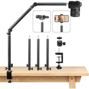 Heavy Duty Overhead Camera Desk Mount Stand 14.5"-41" with 1/4" Screw, 3-Section 360Rotatable Detachable Articulating Boom Arm with Enlarged Handle C Clamp, Tabletop Light Stand for Streaming Vlog
