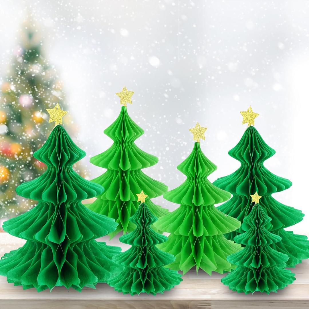 Whaline 6 Pack Christmas Honeycomb Paper Tree 3D Green Xmas Paper Trees Centerpiece Ceiling Hanging Tissue Pine Tree Star for Holiday Decoration, 3 Sizes