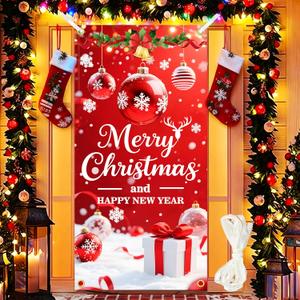 2 x Christmas Door Cover Decorations 35x71 Inch Merry Christmas Door Covers for Front Door Xmas Banner Decorative Ball Photo Booth Props Backdrop for New Year Holiday House Party Sign Supplies with 19.68 Ft Ribbon