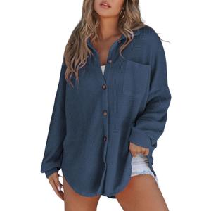 SHEWIN Women's Waffle Knit Button Down Shirts Casual Long Sleeve Shacket Jacket Boyfriend Tops Blouses Loose Fit (B Navy Blue)