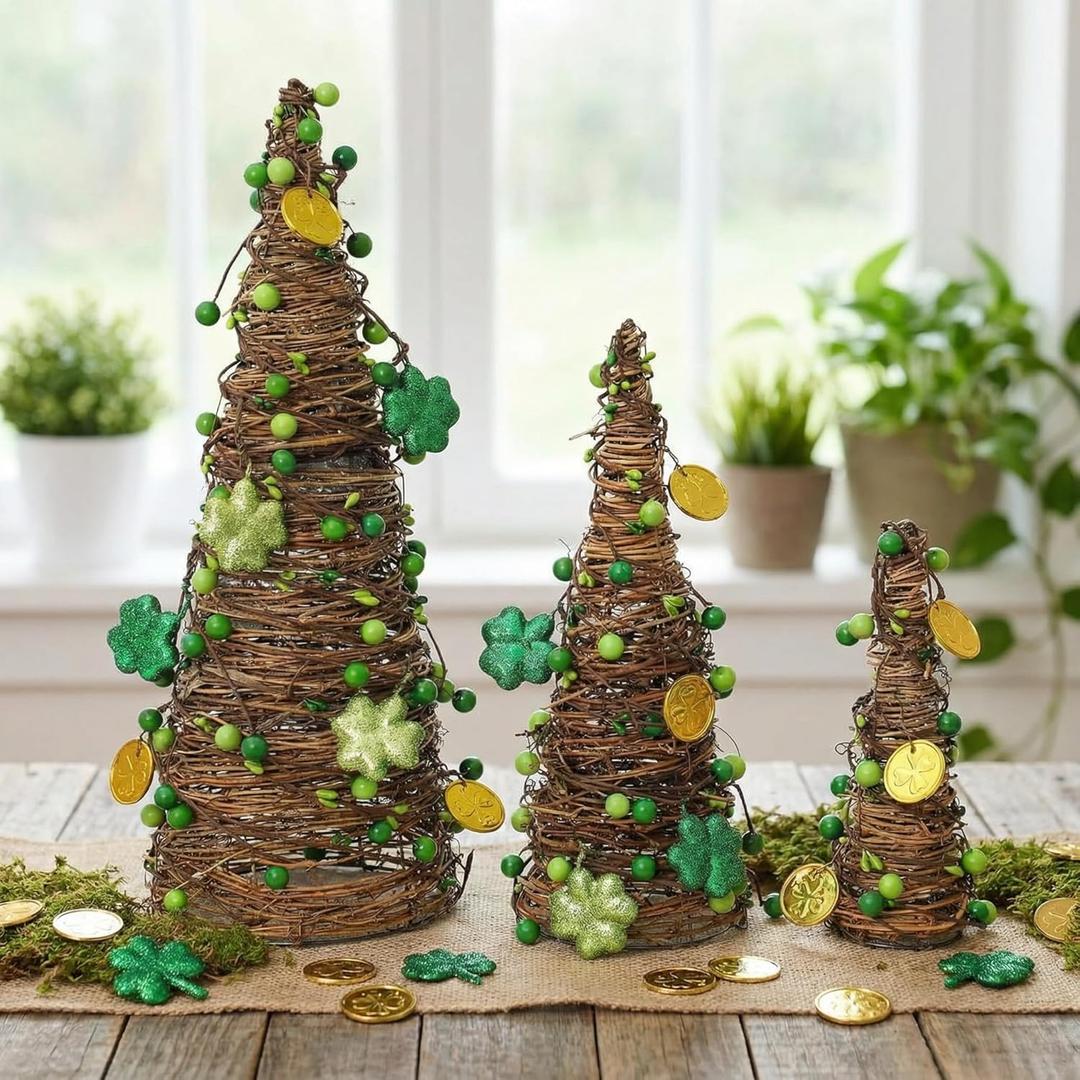 Sotiff 3 Pcs St Patricks Day Decoration Centerpieces Light up Irish Rattan Table Trees 15.8''/ 11.8''/ 7.9'' Rattan Cone Trees with Shamrocks & Green Berries for Saint Patrick Day Party Decor