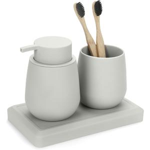 Bathroom Accessories Set, Modern 3 Pcs Bathroom Essentials - Soap Dispenser, Toothbrush Holder & Tray, Countertop Vanity Organizer (Beige)