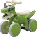 Dinosaur Balance Bike for 1-3 Year Olds, 4-Wheel No-Pedal Bike for Walker, Ride on Toys for Toddlers with Music and Mist Spray, First Birthday Gift for Boys & Girls (Green)